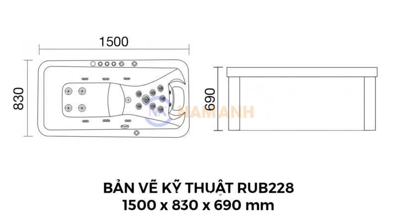 Bản Vẽ Kỹ Thuật Bồn Tắm Nằm Massage Rudi RUB228 1500x830 mm Chữ Nhật