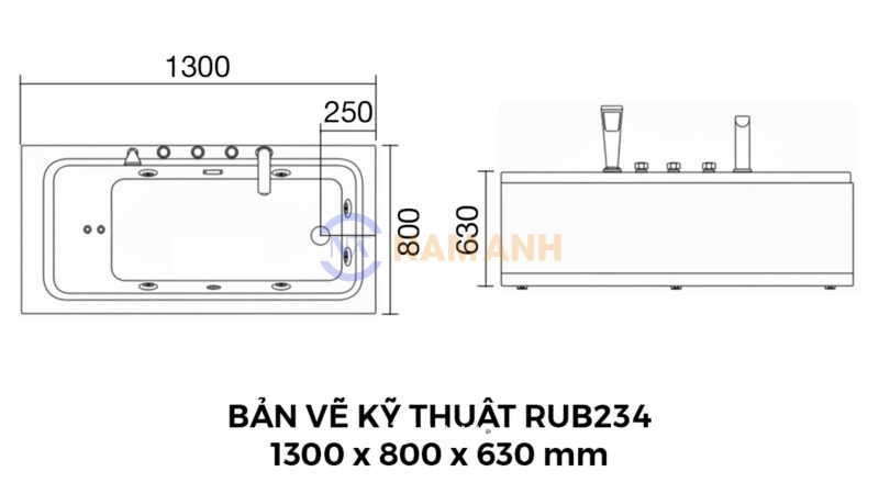 Bản Vẽ Kỹ Thuật Bồn Tắm Nằm Xây Massage Rudi RUB234 1300x800 mm