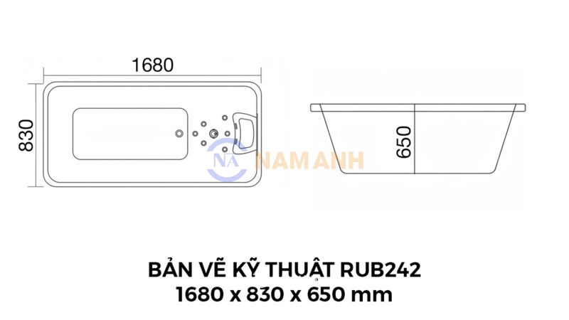 Bản Vẽ Kỹ Thuật Bồn Tắm Nằm Xây Massage Rudi RUB242 1680x830 mm Chữ Nhật