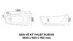 Bản Vẽ Kỹ Thuật Bồn Tắm Oval Đặt Sàn Acrylic Rudi RUB109 1800x900x760 mm