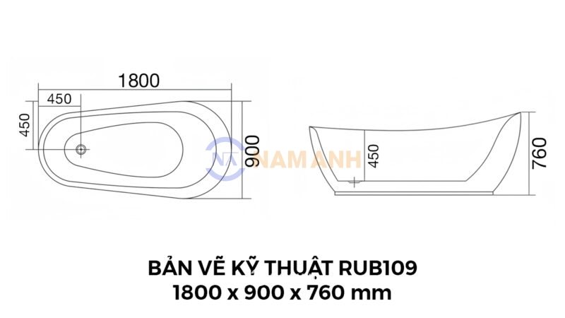 Bản Vẽ Kỹ Thuật Bồn Tắm Oval Đặt Sàn Acrylic Rudi RUB109 1800x900x760 mm