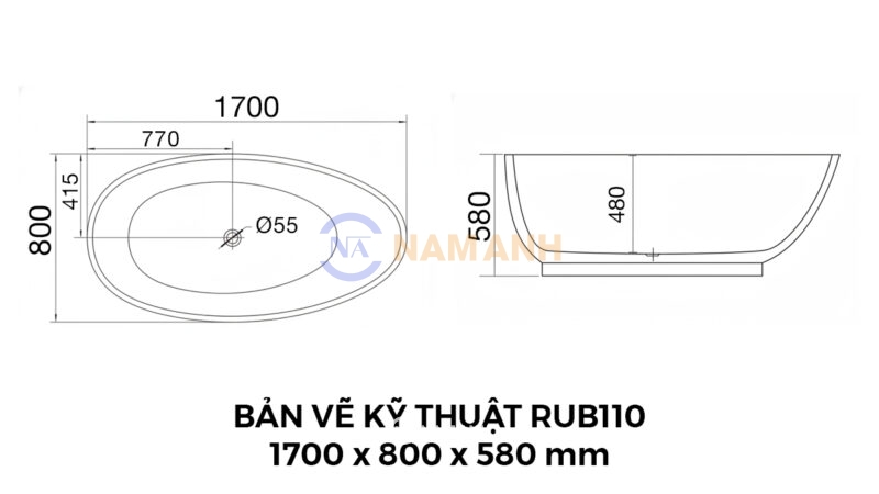 Bản Vẽ Kỹ Thuật Bồn Tắm Oval Đặt Sàn Acrylic Rudi RUB110 1700x800 mm