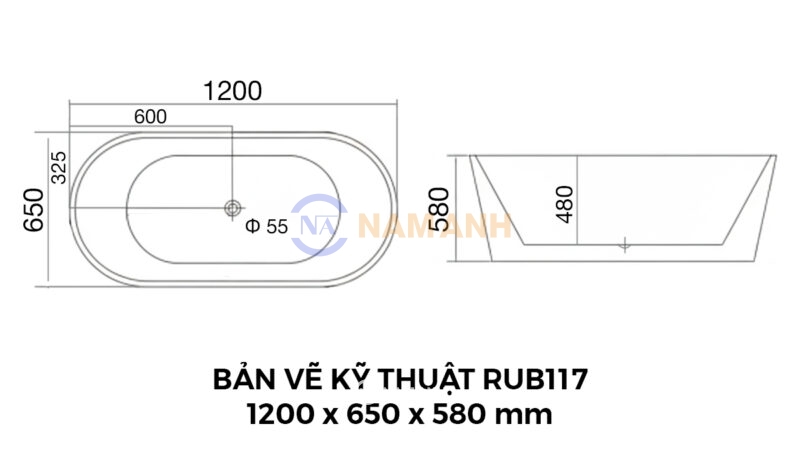 Bản Vẽ Kỹ Thuật Bồn Tắm Oval Đặt Sàn Acrylic Rudi RUB117 1200x650 mm