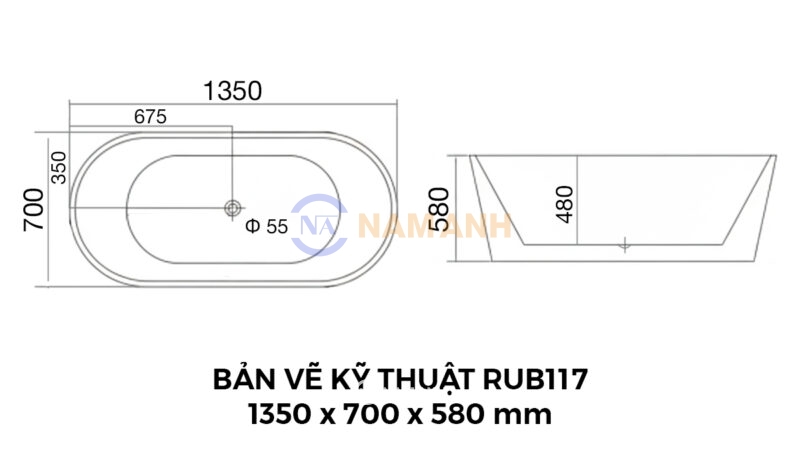 Bản Vẽ Kỹ Thuật Bồn Tắm Oval Đặt Sàn Acrylic Rudi RUB117 1350x700 mm