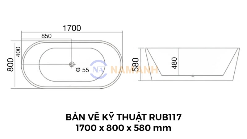 Bản Vẽ Kỹ Thuật Bồn Tắm Oval Đặt Sàn Acrylic Rudi RUB117 1700x800 mm
