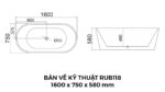 Bản Vẽ Kỹ Thuật Bồn Tắm Oval Đặt Sàn Acrylic Rudi RUB118 1600x750 mm