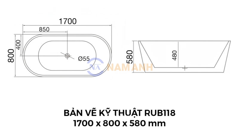 Bản Vẽ Kỹ Thuật Bồn Tắm Oval Đặt Sàn Acrylic Rudi RUB118 1700x800 mm