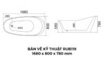Bản Vẽ Kỹ Thuật Bồn Tắm Oval Đặt Sàn Acrylic Rudi RUB119 1680x800x780 mm