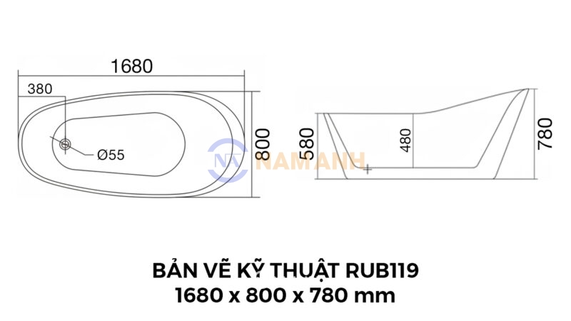 Bản Vẽ Kỹ Thuật Bồn Tắm Oval Đặt Sàn Acrylic Rudi RUB119 1680x800x780 mm