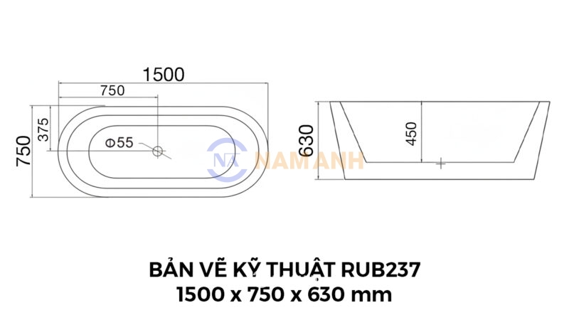 Bản Vẽ Kỹ Thuật Bồn Tắm Oval Xây Massage Rudi RUB237 1500x750 mm