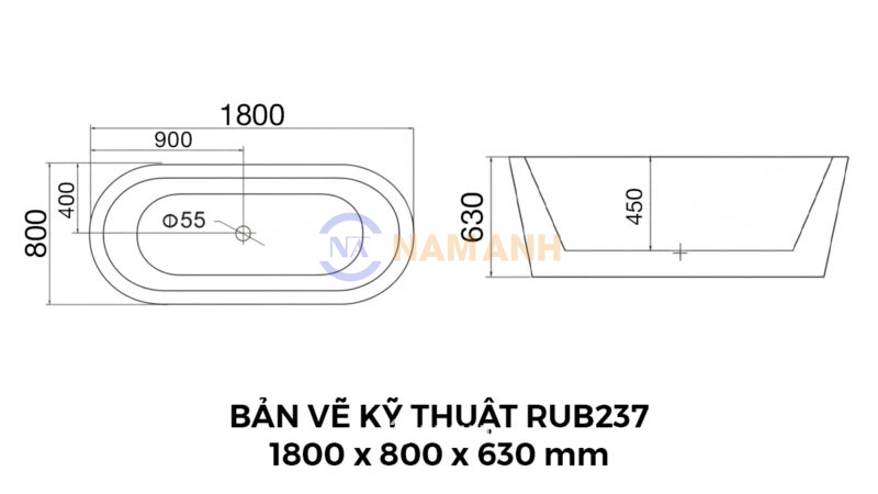 Bản Vẽ Kỹ Thuật Bồn Tắm Oval Xây Massage Rudi RUB237 1800x800 mm