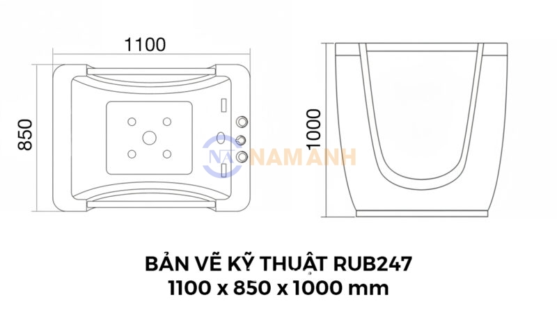 Bản Vẽ Kỹ Thuật Bồn Tắm Trẻ Em Đặt Sàn Massage Acrylic Rudi RUB247 1100x850x1000 mm Chữ Nhật