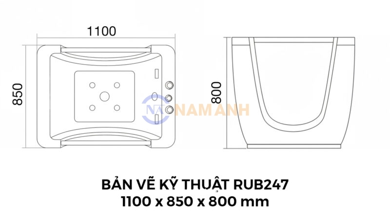 Bản Vẽ Kỹ Thuật Bồn Tắm Trẻ Em Đặt Sàn Massage Acrylic Rudi RUB247 1100x850x800 mm Chữ Nhật