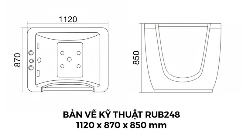 Bản Vẽ Kỹ Thuật Bồn Tắm Trẻ Em Đặt Sàn Massage Acrylic Rudi RUB248 1120x870 mm Chữ Nhật