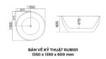 Bản vẽ kỹ thuật Bồn Tắm Tròn Đặt Sàn Acrylic Rudi RUB101 1300x1300x600 mm