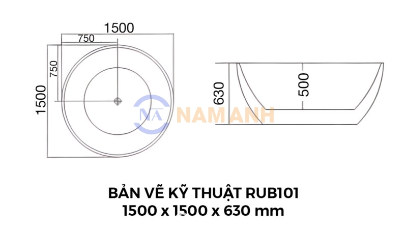Bản vẽ kỹ thuật Bồn Tắm Tròn Đặt Sàn Acrylic Rudi RUB101 1500x1500x630 mm