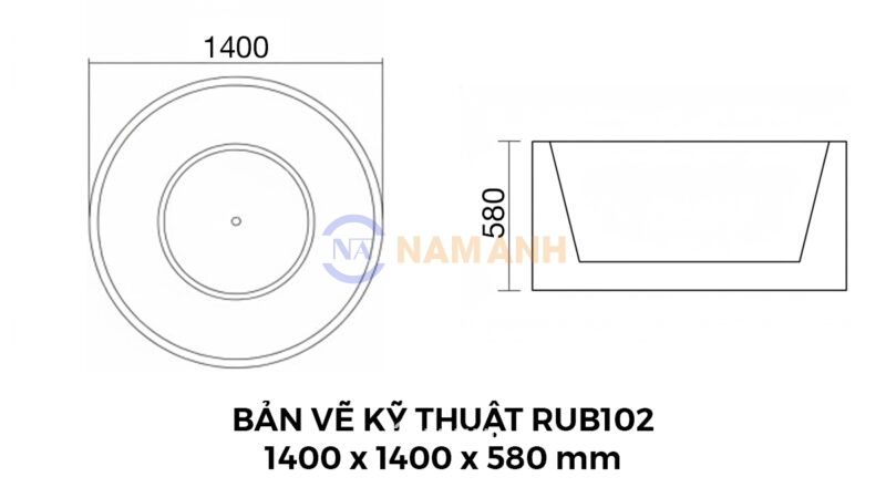 Bản Vẽ Kỹ Thuật Bồn Tắm Tròn Đặt Sàn Acrylic Rudi RUB102 1400x1400 mm