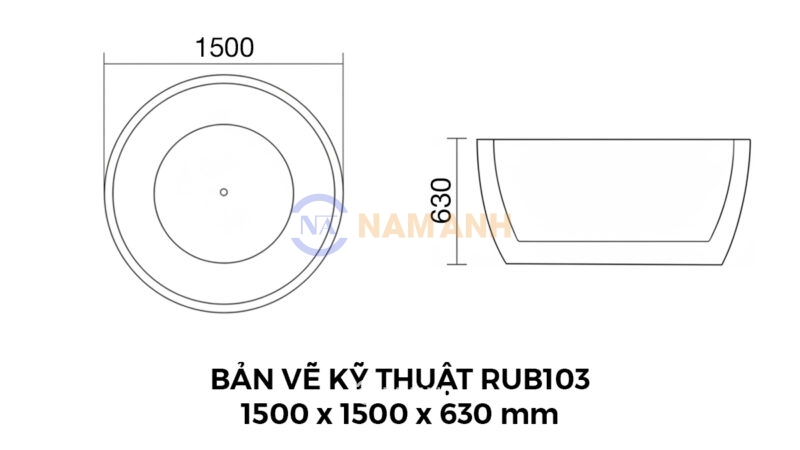Bản Vẽ Kỹ Thuật Bồn Tắm Tròn Đặt Sàn Acrylic Rudi RUB103 1500x1500 mm