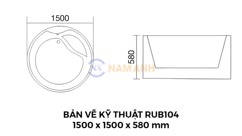 Bản Vẽ Kỹ Thuật Bồn Tắm Tròn Đặt Sàn Acrylic Rudi RUB104 1500x1500 mm