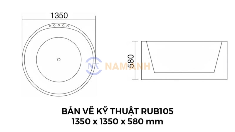 Bản Vẽ Kỹ Thuật Bồn Tắm Tròn Đặt Sàn Acrylic Rudi RUB105 1350x1350x580 mm
