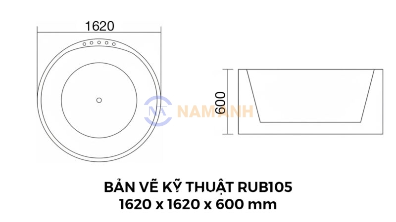 Bản Vẽ Kỹ Thuật Bồn Tắm Tròn Đặt Sàn Acrylic Rudi RUB105 1620x1620x600 mm