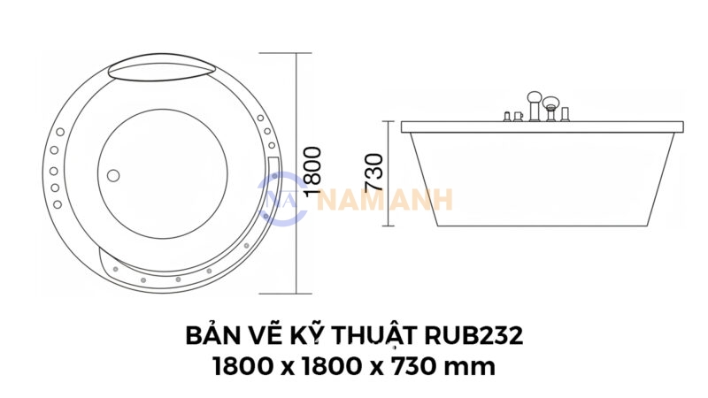 Bản Vẽ Kỹ Thuật Bồn Tắm Tròn Đôi Xây Massage Acrylic Rudi RUB232 1800x1800 mm