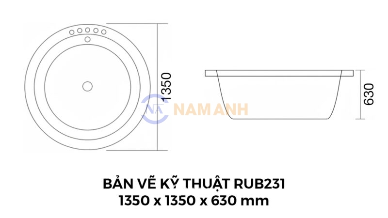 Bản Vẽ Kỹ Thuật Bồn Tắm Tròn Xây Massage Rudi RUB231 1350x1350 mm