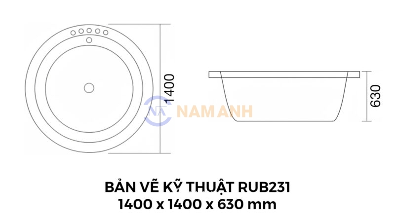 Bản Vẽ Kỹ Thuật Bồn Tắm Tròn Xây Massage Rudi RUB231 1400x1400 mm