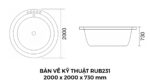 Bản Vẽ Kỹ Thuật Bồn Tắm Tròn Xây Massage Rudi RUB231 2000x2000 mm