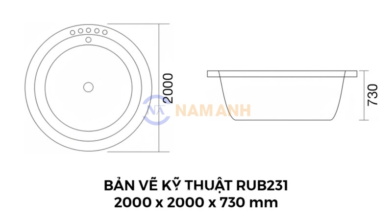 Bản Vẽ Kỹ Thuật Bồn Tắm Tròn Xây Massage Rudi RUB231 2000x2000 mm